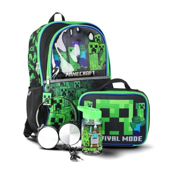 Minecraft Boys 17 in 5 Piece Backpack Set with Headphones Lunch kit Water Bottle - Picture 1 of 4